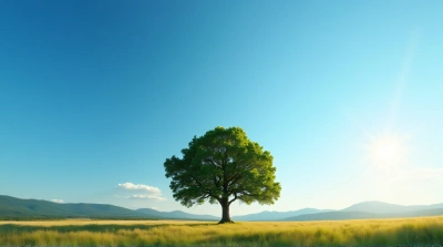 Solitary Oak Tree In Sunny Glade Landscape