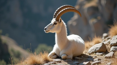 Solitary Pale Ibex With Curved Horns On Rocks