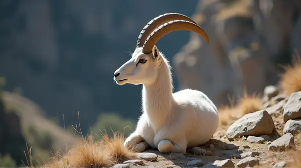 Solitary Pale Ibex With Curved Horns On Rocks