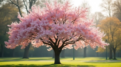 Solitary Pale Pink Flowering Tree In Park