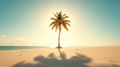 Solitary Palm Tree On Sandy Beach With Sunlight