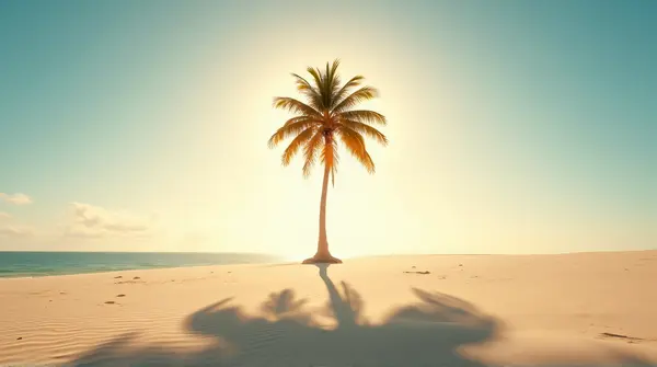 A single palm tree on a sandy beach backlit by bright sunlight casting long shadows under a clear sky.