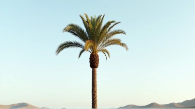 Solitary Palm Tree With Textured Trunk And Hills