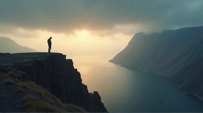 Solitary Person On Jagged Peak By Water Basin