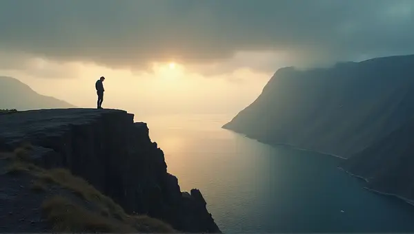 Solitary Person On Jagged Peak By Water Basin