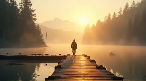 Solitary Person On Jetty At Sunrise With Evergreens