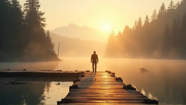 Solitary Person On Jetty At Sunrise With Evergreens