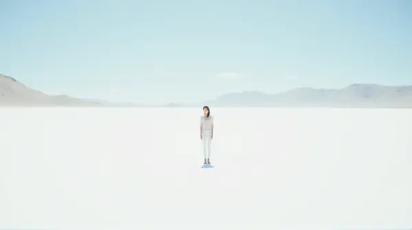 A single individual in light clothing stands on a broad white plain with hills far away beneath a bright sky.