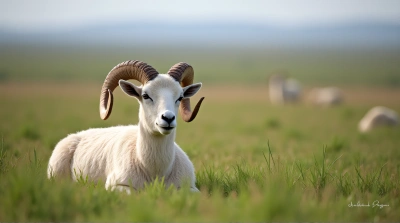 Solitary Ram Resting With Curved Horns In Field