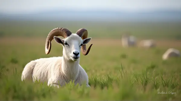 A solitary ram with curved horns resting in a field of short verdant grass from a low angle.