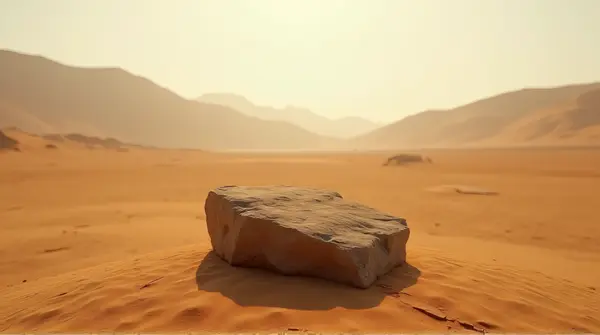 A rugged rock sits alone on a broad golden field with distant hills and warm sunset light.