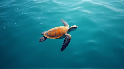 Solitary Russet Turtle Gliding Through Blue Water
