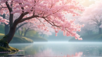 Solitary Sakura Tree Over Tranquil Pond