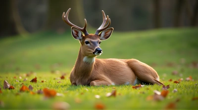 Solitary Tawny Deer Resting on Fresh Grass
