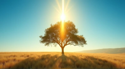 Solitary Tree in Golden Sunlight Under Blue Sky