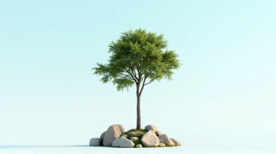 Solitary Tree With Textured Stones And Clear Sky