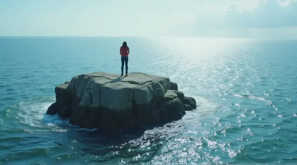 A lone figure stands on a high stone outcrop surrounded by sparkling water, viewed from below.