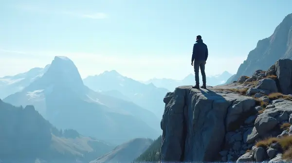 Solo Individual Contemplating Distant Peaks Midday