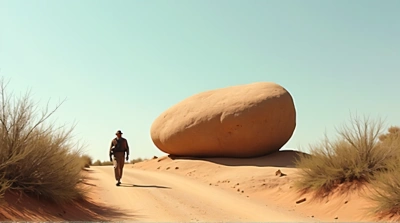 Solo Traveler On Dusty Trail With Boulder
