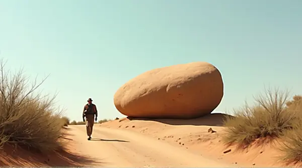 Solo Traveler On Dusty Trail With Boulder