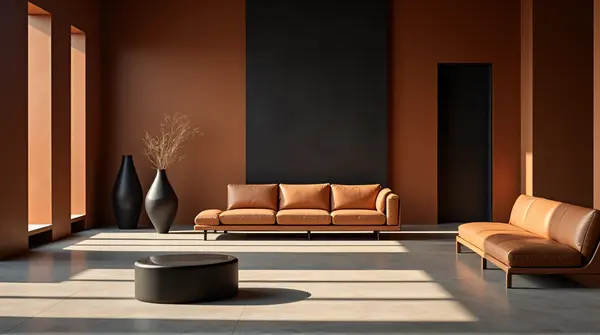 Spacious room with brown and black furnishings and sharp shadows creating geometric floor patterns