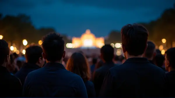 People intently watching a glowing spectacle under a dark sky, showing varied expressions.