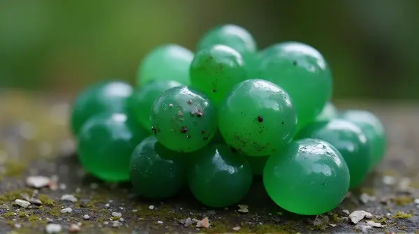 Cluster of spherical emerald vegetables on textured base with selective focus and blurred surroundings