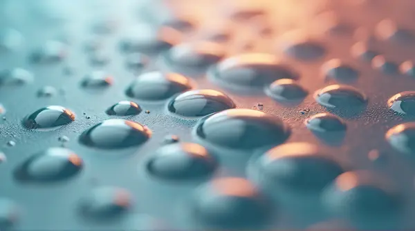 Close-up of numerous spherical liquid beads clinging to a smooth surface in an organic arrangement
