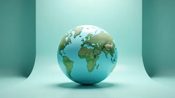 A pale blue and green spherical world map globe resting on a smooth curved surface with soft ambient lighting.