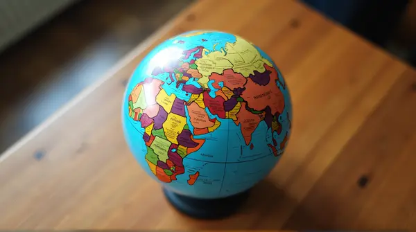 Spherical world map highlighting country borders and political divisions on a wooden table under soft lighting.