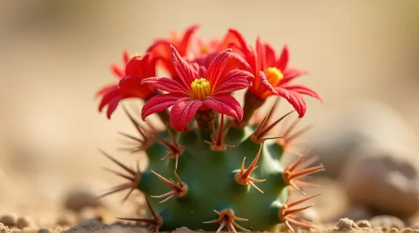 Spiky Thorn With Crimson Blossoms In Desert
