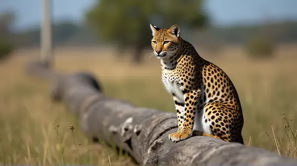 Spotted Big Cat Sitting On Rustic Barrier