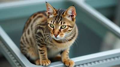 Spotted Cat Perched On Glass Pane Outdoors