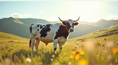Spotted Cow Grazing in Sunlit Meadow Landscape
