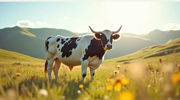 Spotted cow standing amid wildflowers in a sunlit meadow with gentle rolling hills and clear sky.