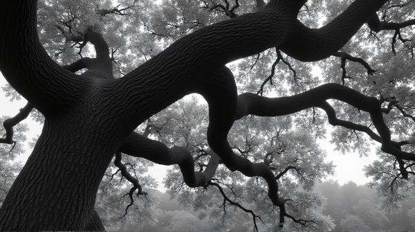 Close-up monochrome image of a sprawling oak tree showing detailed leaf patterns and rough trunk texture.