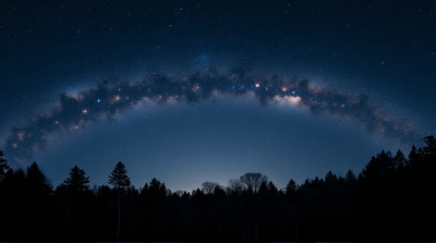 Starry Night Sky Panorama Above Forest Silhouette