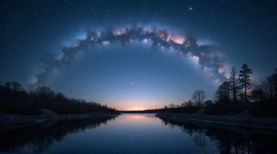Starry Sky Over Peaceful Water And Wooded Shore