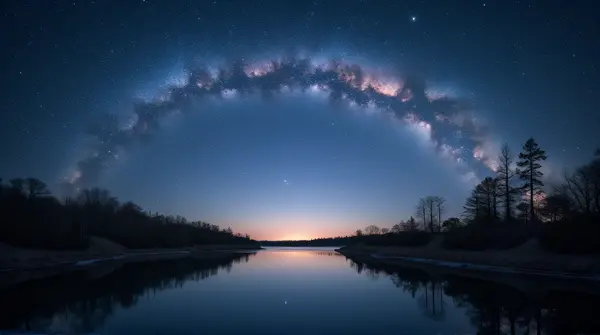 Starry Sky Over Peaceful Water And Wooded Shore