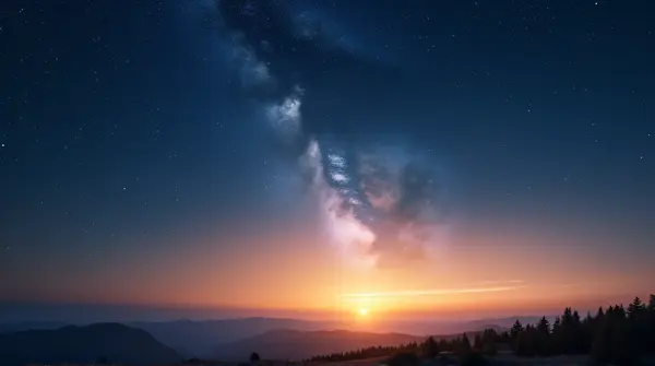 A vast sky filled with countless stars softly lit by the warm light of the setting sun over a quiet hilltop.