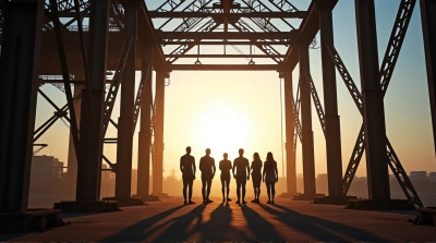 Steel Beam Structure With Human Figures Low Angle