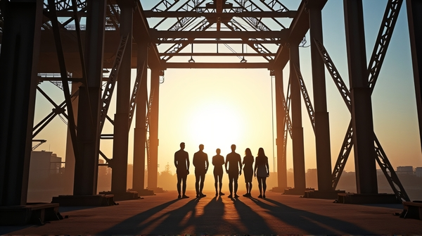 Outline of several figures beside a skeletal steel beam structure viewed from a low angle with soft natural light.