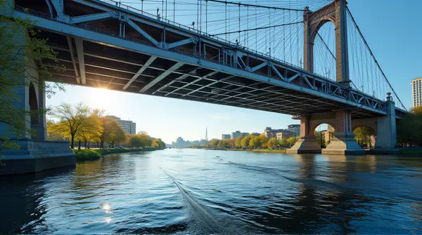Steel Cable-Supported Bridge Over Flowing Water