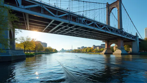 Steel Cable-Supported Bridge Over Flowing Water