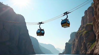 Steel Gondolas in Motion Above Rugged Cliffs