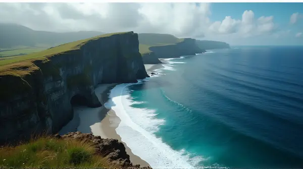 Top-down view of a steep rocky cliff beside ocean waves with cloud shadows on the shore