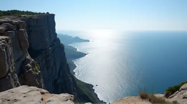 A steep rocky precipice beside a vast shimmering liquid body under a clear sky with textured stone formations.