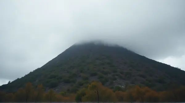 Steep Shrub-Covered Hill Beneath Gray Sky