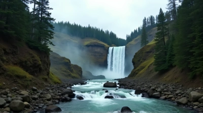 Steep Waterfalls Flowing Into Rocky Basin Under Clouds