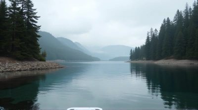 Still Water With Evergreen Trees And Rocky Shoreline